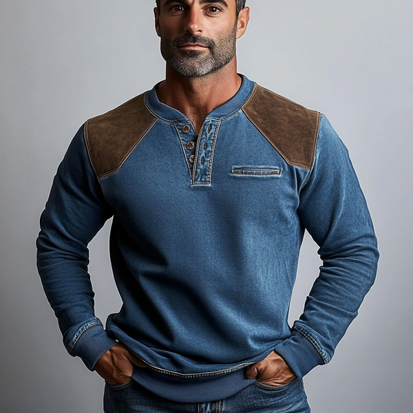 Men's Vintage Suede Denim Patchwork Pocket Henley Sweatshirt