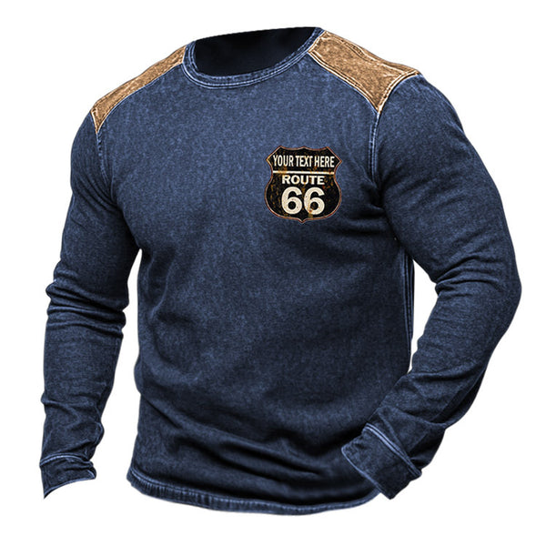 Men's Vintage Route 66 Road Trip Distressed Contrast Crew Neck Long Sleeve Sweatshirt