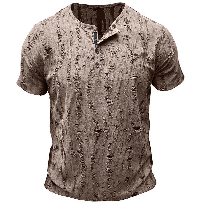 Men's Vintage Texture Jacquard Raw Edge Henley Collar T-shirt