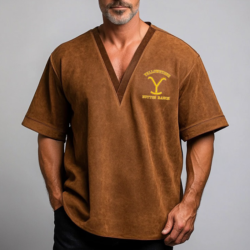 Men's Vintage Suede Embroidery Yellowstone Logo V-neck T-shirt Brown