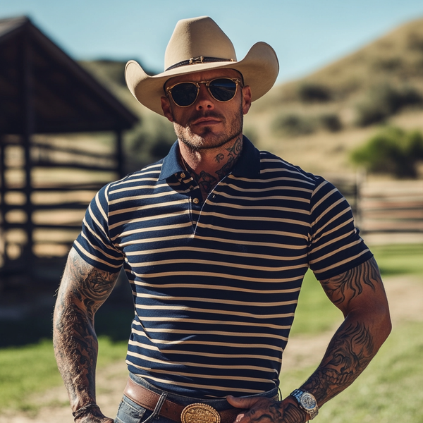 Men's Western Cowboy Striped Polo Collar Short Sleeve T-shirt