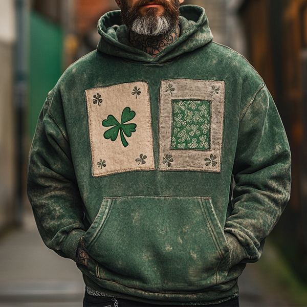 Men's Vintage Distressed St. Patrick's Day Shamrock Floral Print Patch Hoodie Green