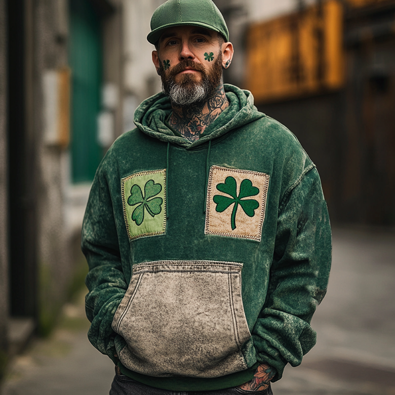 Men's Vintage Distressed St. Patrick's Day Shamrock Print Hoodie Green