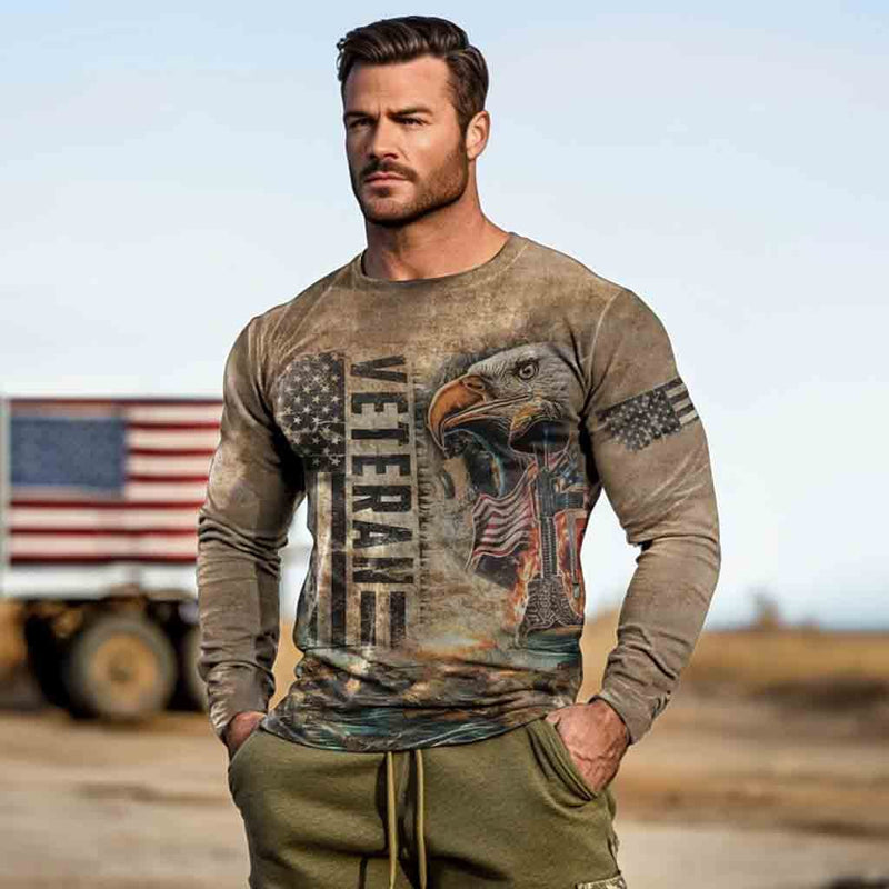 Men's Vintage Veterans Day American Flag Eagle Print Long Sleeve Round Neck T-shirt