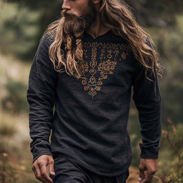 Men's Vintage Viking Art Ancient Nordic-style Skandinavia Style Linen Printed Casual Long Sleeve Top Shirt