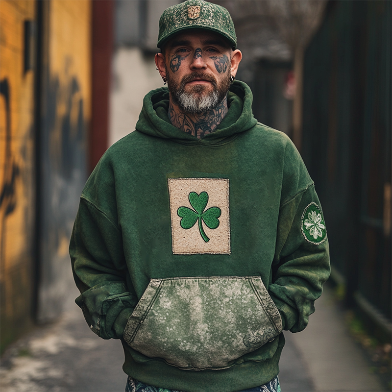 Men's Vintage Distressed Shamrock Patch St. Patrick's Day Hoodie Green