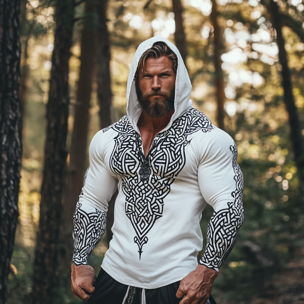 Men's Vintage Viking Warrior Intricate Celtic Print Linen Long Sleeve Hooded Shirt