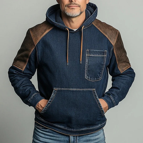 Men's Vintage Denim Paneled Leather Pocket Long Sleeve Hoodie