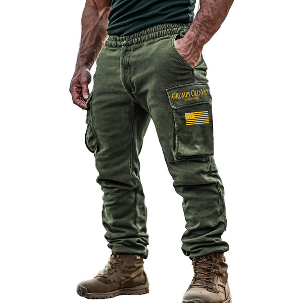 Men's Vintage Grumpy Old Vet American Flag Patriotic Multi-Pocket Tactical Daily Work Cargo Pants Trousers