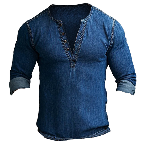 Men's Vintage Stylish Denim Henley T Shirt