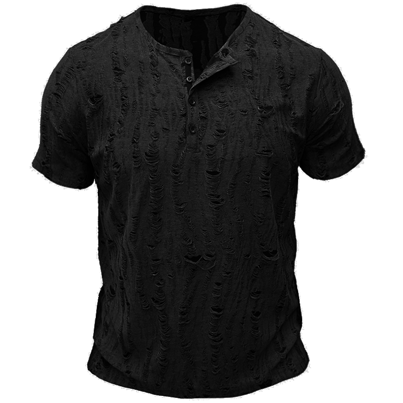 Men's Vintage Texture Jacquard Raw Edge Henley Collar T-shirt