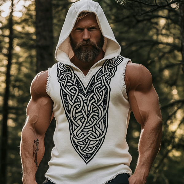 Men's Vintage Viking Warrior Intricate Celtic Print Linen Sleeveless Hooded Shirt