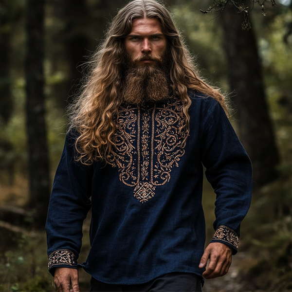 Men's Vintage Viking Ancient Nordic-style Linen Printed Casual Long Sleeve Top Shirt