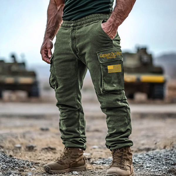 Men's Vintage Grumpy Old Vet American Flag Patriotic Multi-Pocket Tactical Daily Work Cargo Pants Trousers