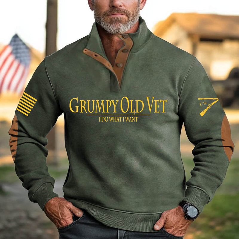 Men's Vintage Grumpy OLD Vet Letter Print Stand Collar Buttons Sweatshirt