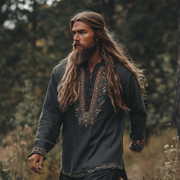 Men's Vintage Viking Ancient Nordic-style Bohemian Skandinavia Style Linen Printed Casual Long Sleeve Top Shirt