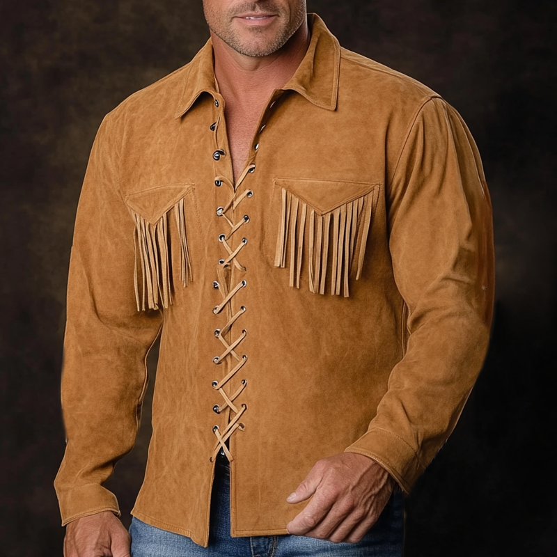 Men's Vintage Western Suede Fringed Lace-Up Front Shirt