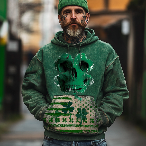 Men's Vintage Distressed St. Patrick's Day Skull Clover American Flag Print Hoodie Green