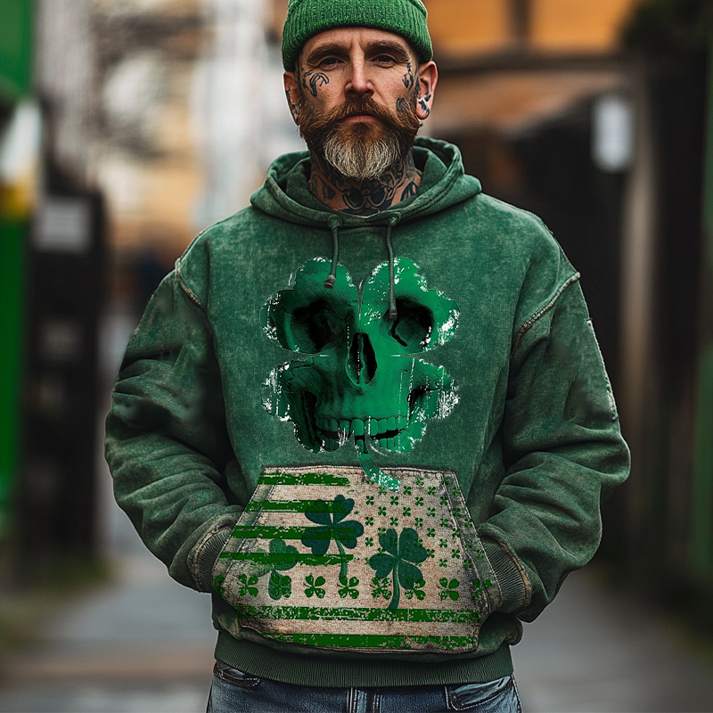 Men's Vintage Distressed St. Patrick's Day Skull Clover American Flag Print Hoodie Green