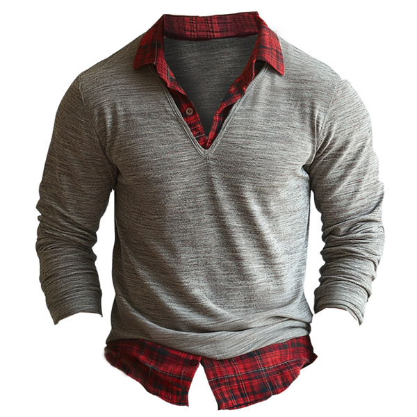 Men's Retro Gray V-neck Layered Shirt With Plaid Collar Patchwork