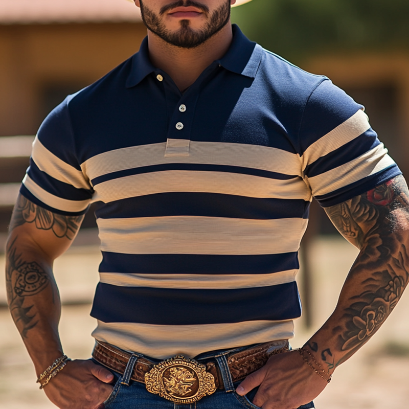 Men's Western Cowboy Striped Polo Collar Short Sleeve T-shirt