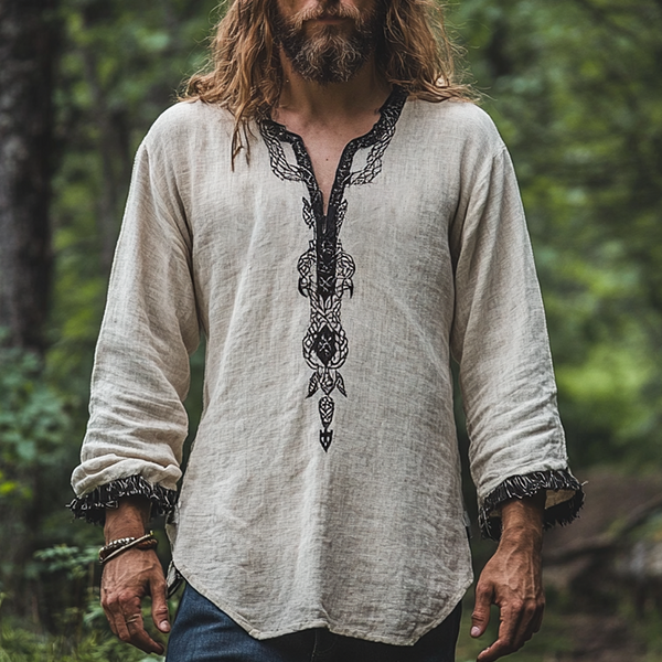 Men's Vintage Viking Ancient Nordic-style Skandinavia Style Linen Printed Casual Long Sleeve Top Shirt