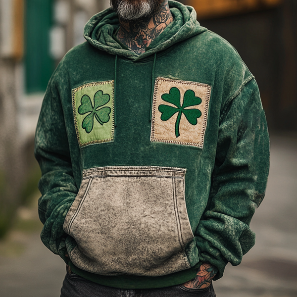 Men's Vintage Distressed St. Patrick's Day Shamrock Print Hoodie Green