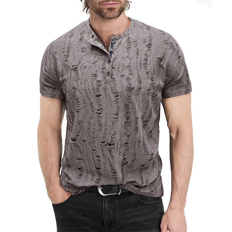 Men's Vintage Texture Jacquard Raw Edge Henley Collar T-shirt