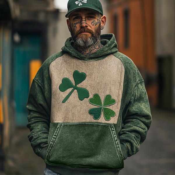 Men's Vintage Distressed Color Block Stylish Shamrock Patch Hoodie Green