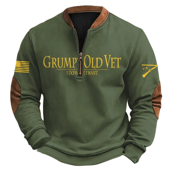 Men's Vintage Grumpy OLD Vet Letter Print Color Block Henley Zipper Long Sleeve Sweatshirt