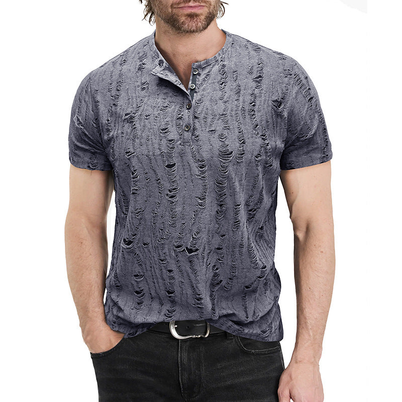 Men's Vintage Texture Jacquard Raw Edge Henley Collar T-shirt