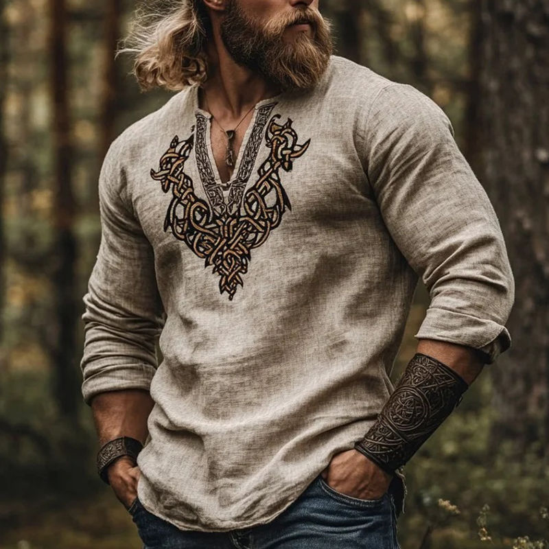 Men's Vintage Viking Art Bohemian Skandinavia Style Linen Printed Casual Long Sleeve Top Shirt