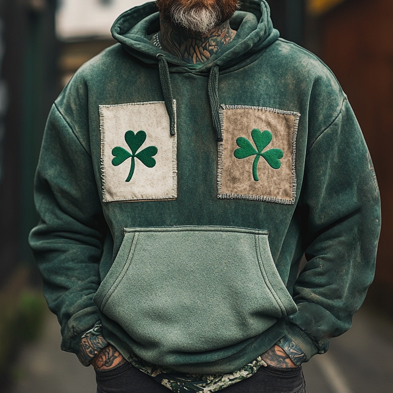 Men's Vintage St. Patrick's Day Shamrock Patches Hoodie Green