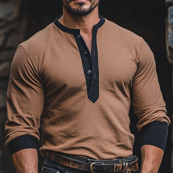 Men's Vintage Color Block Long Sleeve Henley Neck T-Shirt