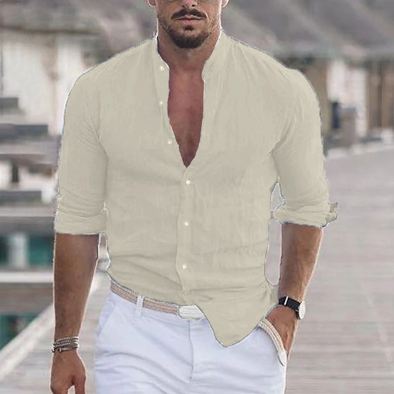 Men's Linen Solid Color Casual Stand Collar Long Sleeve Shirt