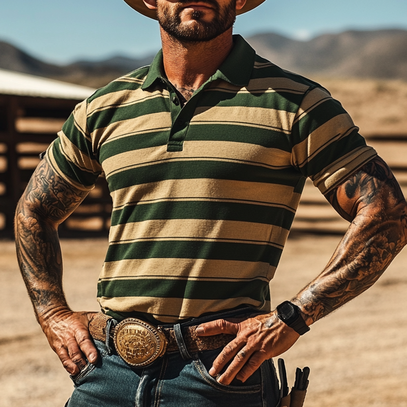 Men's Western Cowboy Striped Polo Collar Short Sleeve T-shirt