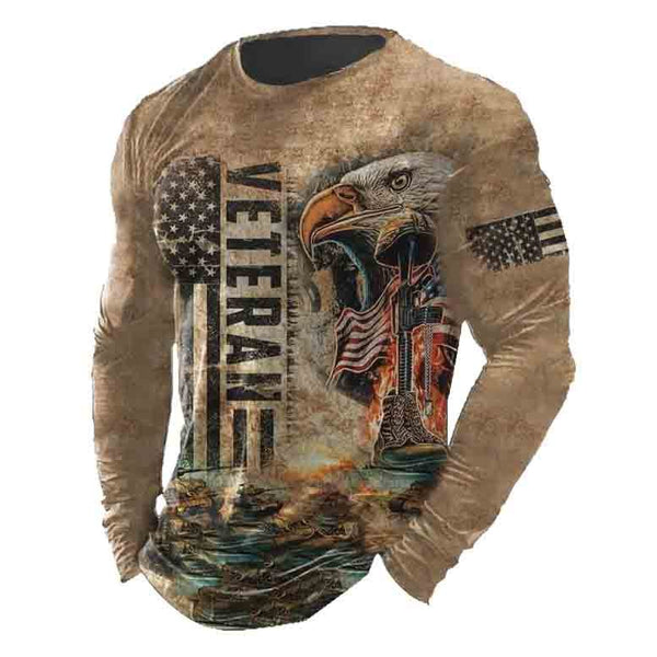 Men's Vintage Veterans Day American Flag Eagle Print Long Sleeve Round Neck T-shirt