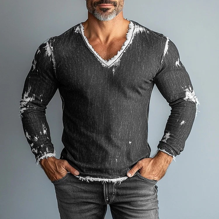 Men's Vintage Denim Raw Edge V-neck Long Sleeve T-shirt