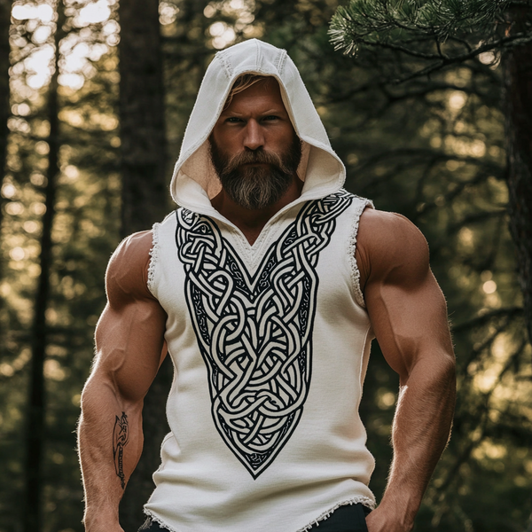 Men's Vintage Viking Warrior Intricate Celtic Print Linen Sleeveless Hooded Shirt