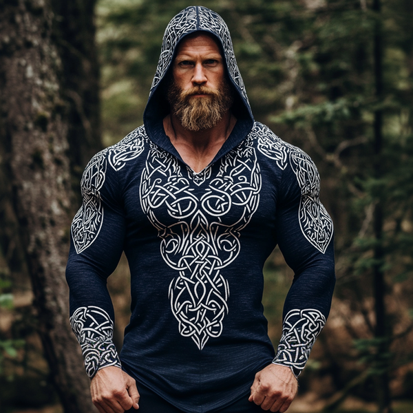 Men's Vintage Viking Warrior Intricate Celtic Print Long Sleeve Hooded T-shirt