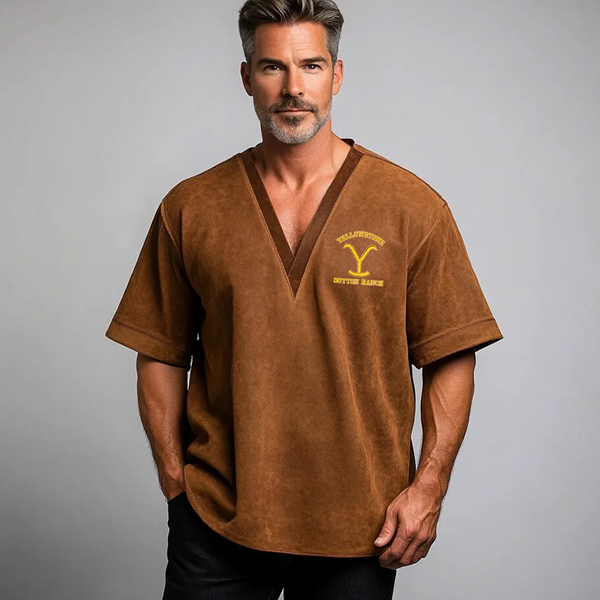 Men's Vintage Suede Embroidery Yellowstone Logo V-neck T-shirt Brown