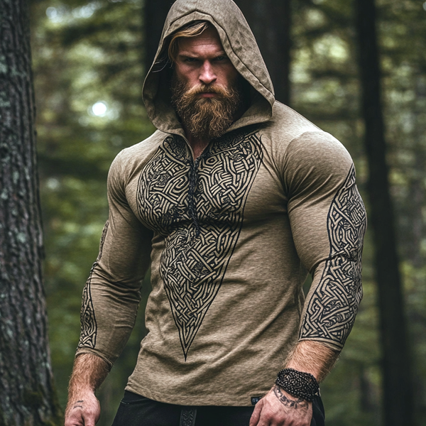 Men's Vintage Viking Warrior Intricate Celtic Print Cotton And Linen Long Sleeve Hooded Shirt