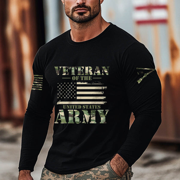 Veteran's Army Long Sleeve T-Shirt - Camo Print & USA Flag Design