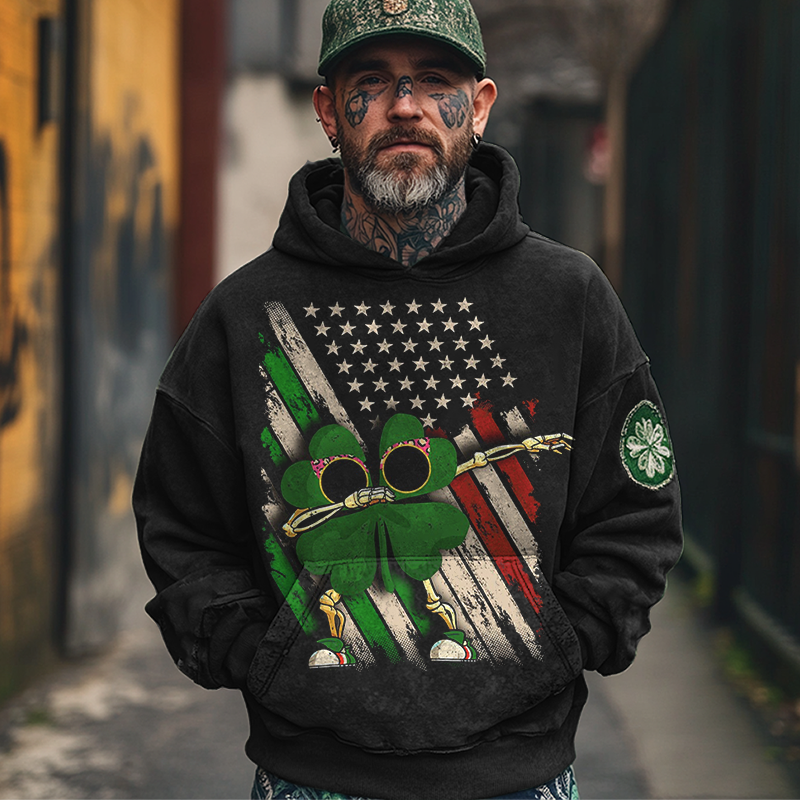 Men's Vintage American Flag And Clover Print Hoodie St. Patrick's Day Black