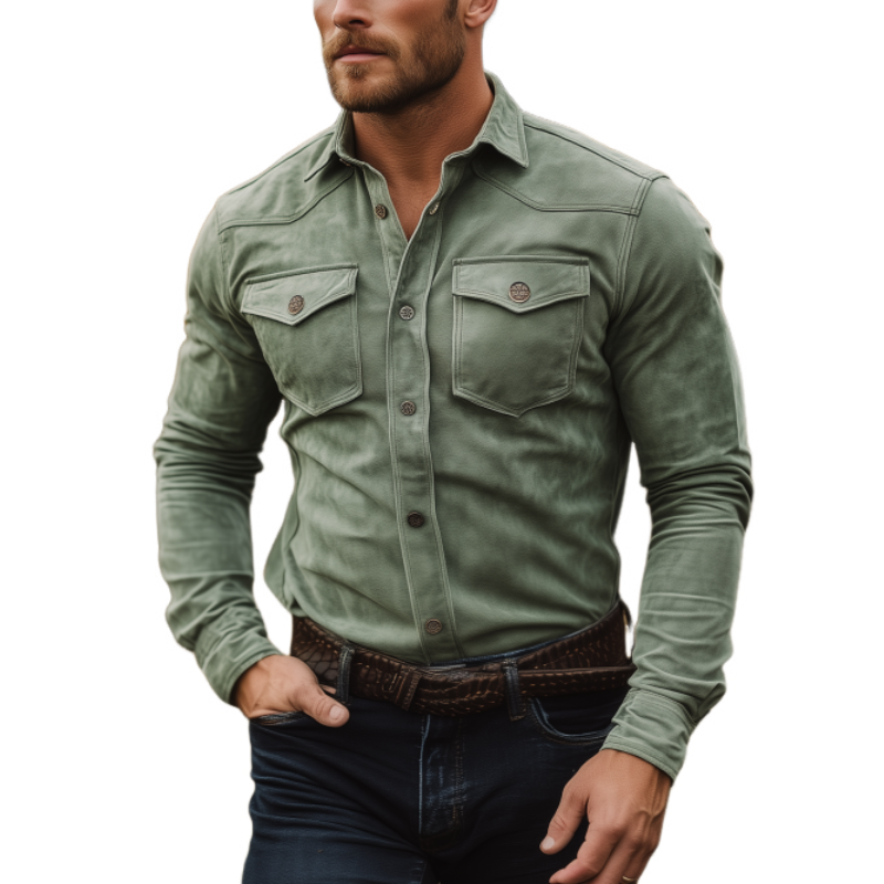 Men's Vintage Suede Pockets Outdoor Tactical Button Down Shirt Green