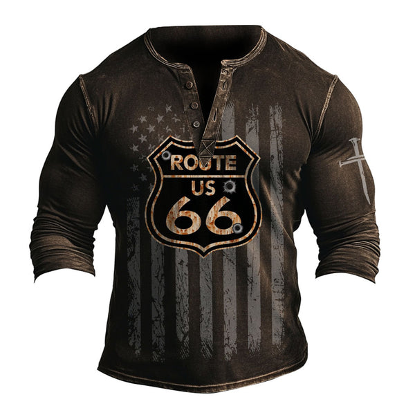 Vintage Route 66 Henley T-Shirt - Perfect For Casual And Travel Enthusiasts