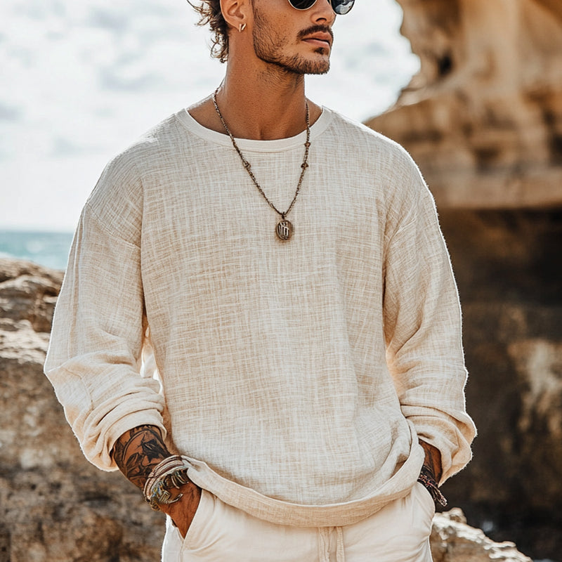 Holiday Bohemian Beach Men's Linen Casual Long Sleeve Shirt Top