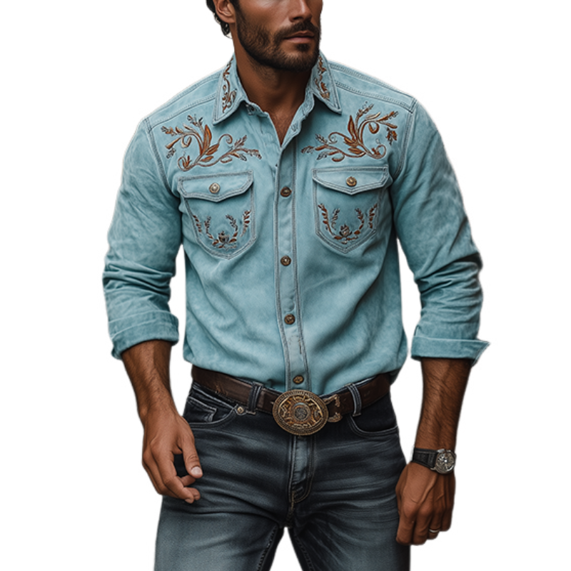 Men's Vintage Western Style Suede Embroidered Shirt