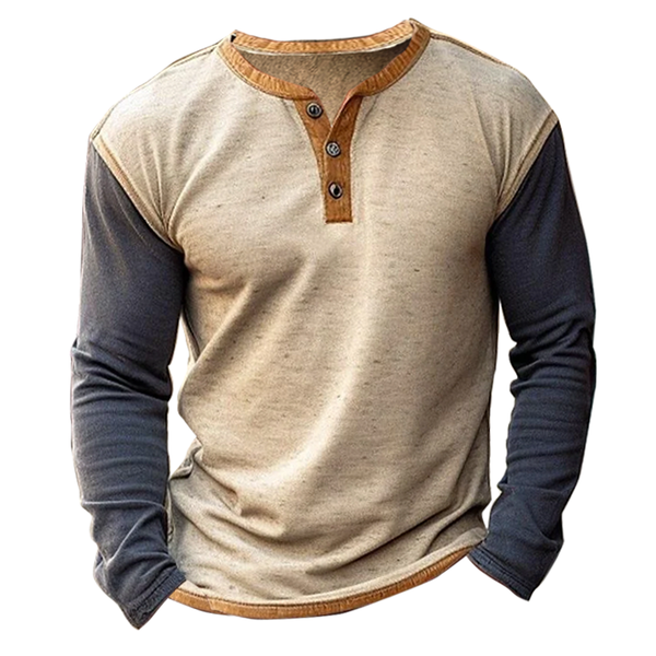 Casual Beige Henley Shirt With Contrast Sleeves