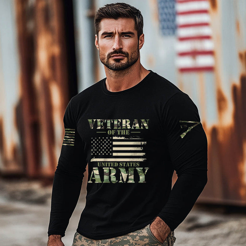 Veteran's Army Long Sleeve T-Shirt - Camo Print & USA Flag Design